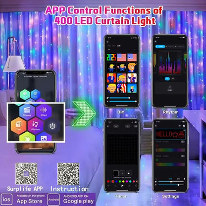 Smart 400 LED Music Sync Curtain Fairy Lights  App Remote RGB Color Changing Curtain Lights 1