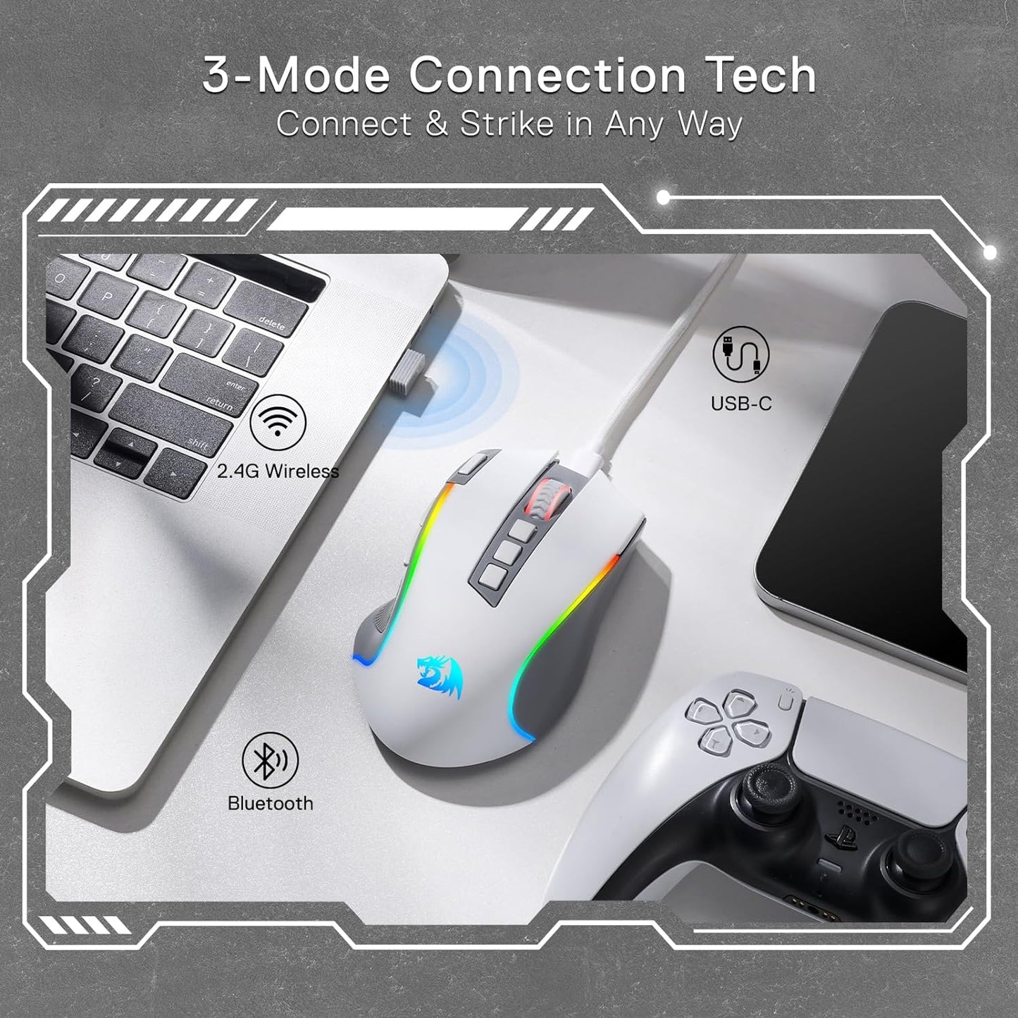 Redragon PRO RGB BT Wireless Gaming Mouse, 2.4G DPI, 9 Buttons, RGB Backlit, Optical Gamer Mouse