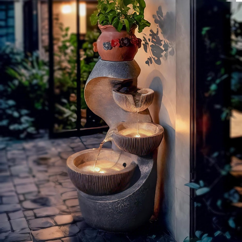 20 H Outdoor Water Fountain with LED Lights, Modern Garden Fountain for Patio, Deck, Backyard, Home Decor