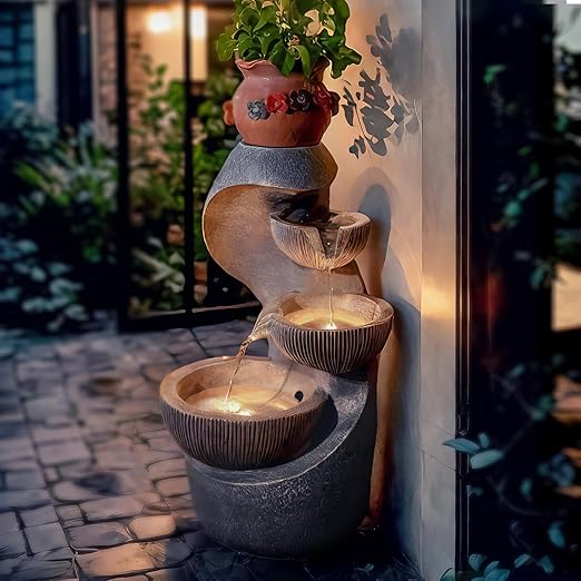 20 H Outdoor Water Fountain with LED Lights, Modern Garden Fountain for Patio, Deck, Backyard, Home Decor