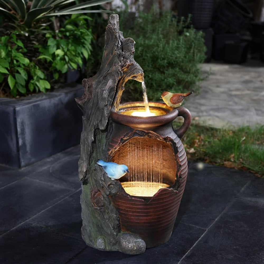 LuxenHome 30 Inch Tall Outdoor Water Fountain, Rustic Pot & Tree Trunk Cascading Waterfall Fountain for Garden, Patio