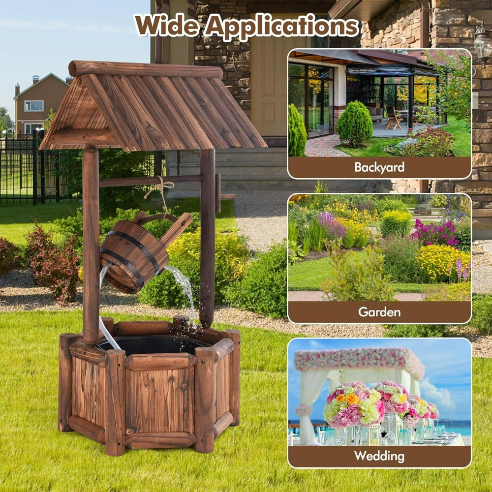 Old-Fashioned Wood Waterfall Fountain with Bucket Pump, Rustic Farmhouse Decoration for Garden, Backyard, Outdoor Decor