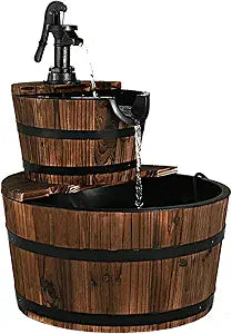 Rustic Wood Barrel Cascading Water Fountain with Electric Pump, Barrel Waterfall Fountain Outdoor for Garden & Patio