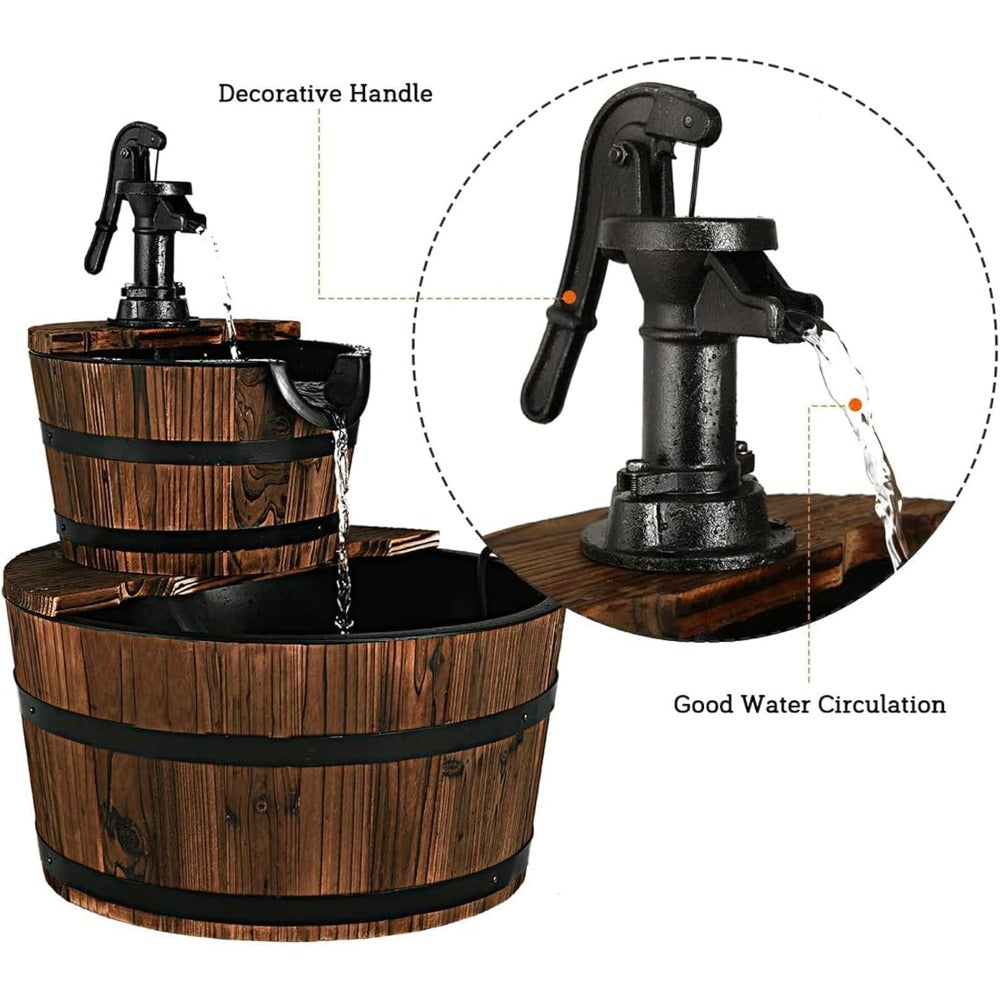 Rustic Wood Barrel Cascading Water Fountain with Electric Pump, Barrel Waterfall Fountain Outdoor for Garden & Patio