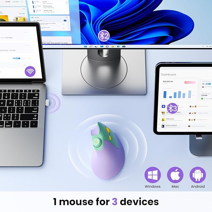 Rechargeable Ergonomic Mouse, Vertical Wireless Mouse with Volume Knob, Quiet Clicks 3 Device Optical Mice