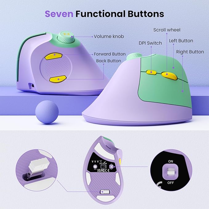 Rechargeable Ergonomic Mouse, Vertical Wireless Mouse with Volume Knob, Quiet Clicks 3 Device Optical Mice