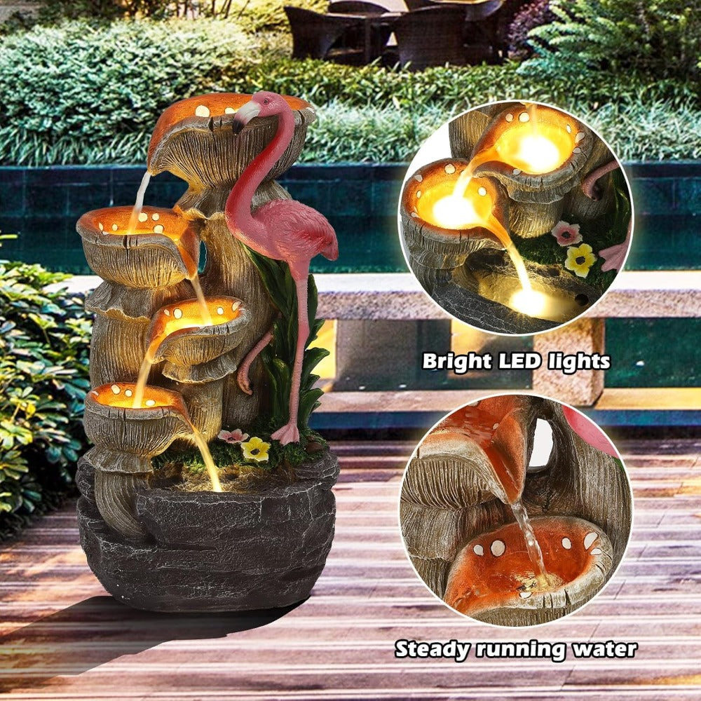 5 Tier Outdoor Indoor Water Feature Fountain, Flamingo Ornamental Cascading Waterfall with 5 LED Light for Garden, Decor