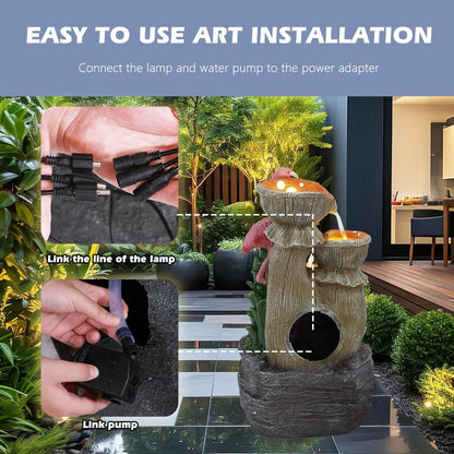 5 Tier Outdoor Indoor Water Feature Fountain, Flamingo Ornamental Cascading Waterfall with 5 LED Light for Garden, Decor