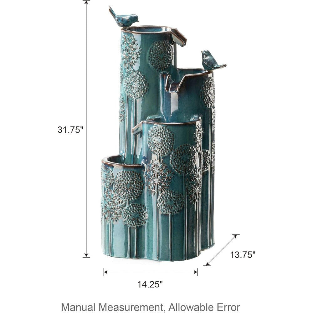 31.75 H Outdoor Water Fountain with LED Lights and Pump, Dandelion Texture Vase Shaped Ceramic Floor Standing Fountain