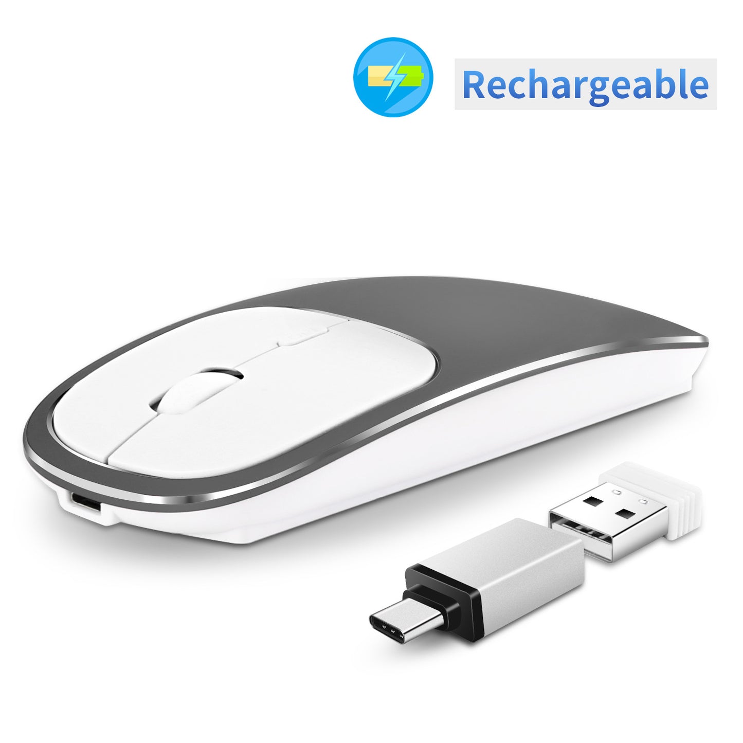 Silent Wireless Mouse with USB Receiver, Rechargeable Metal Optical Mouse, Noiseless Click Laptop PC Mouse