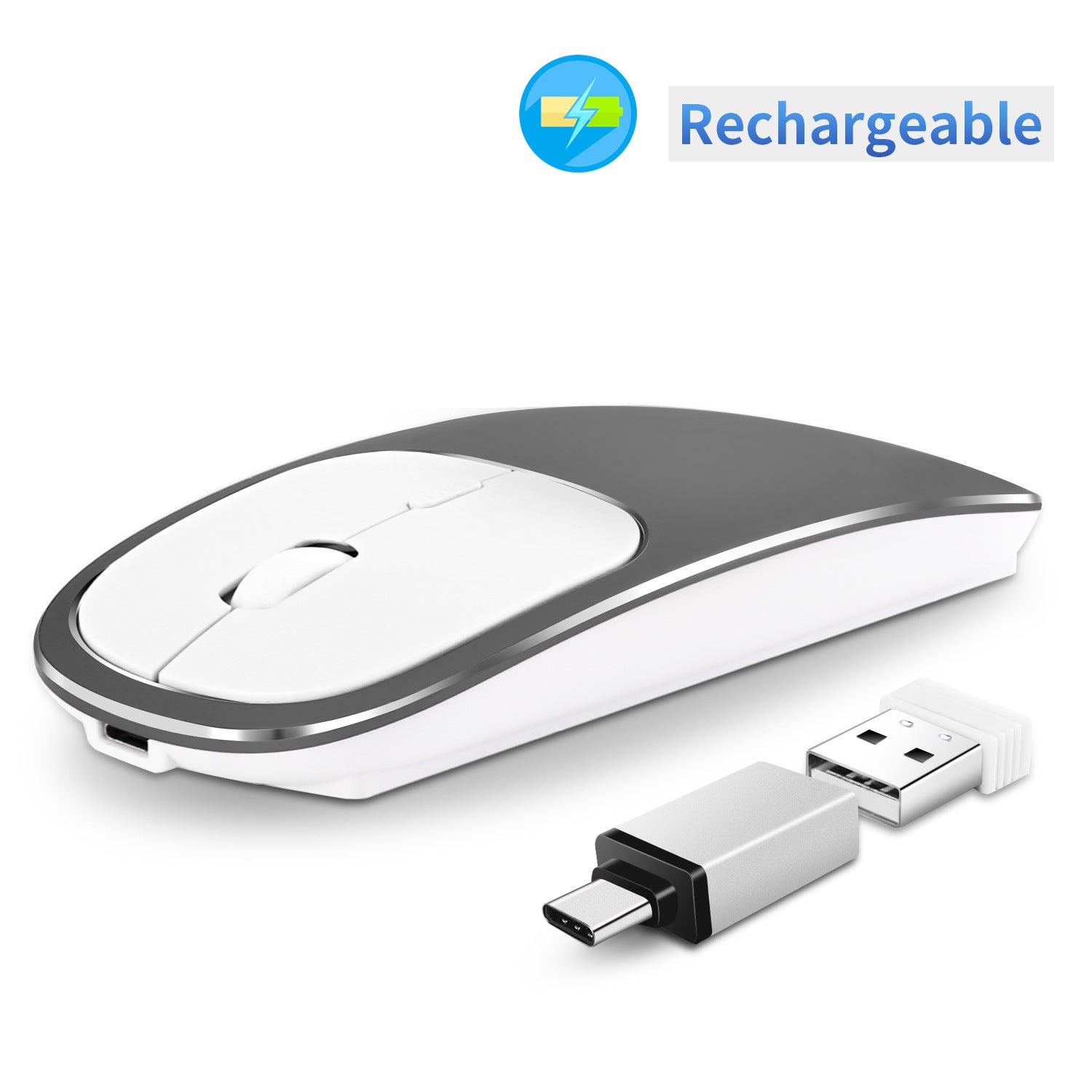 Silent Wireless Mouse with USB Receiver, Rechargeable Metal Optical Mouse, Noiseless Click Laptop PC Mouse