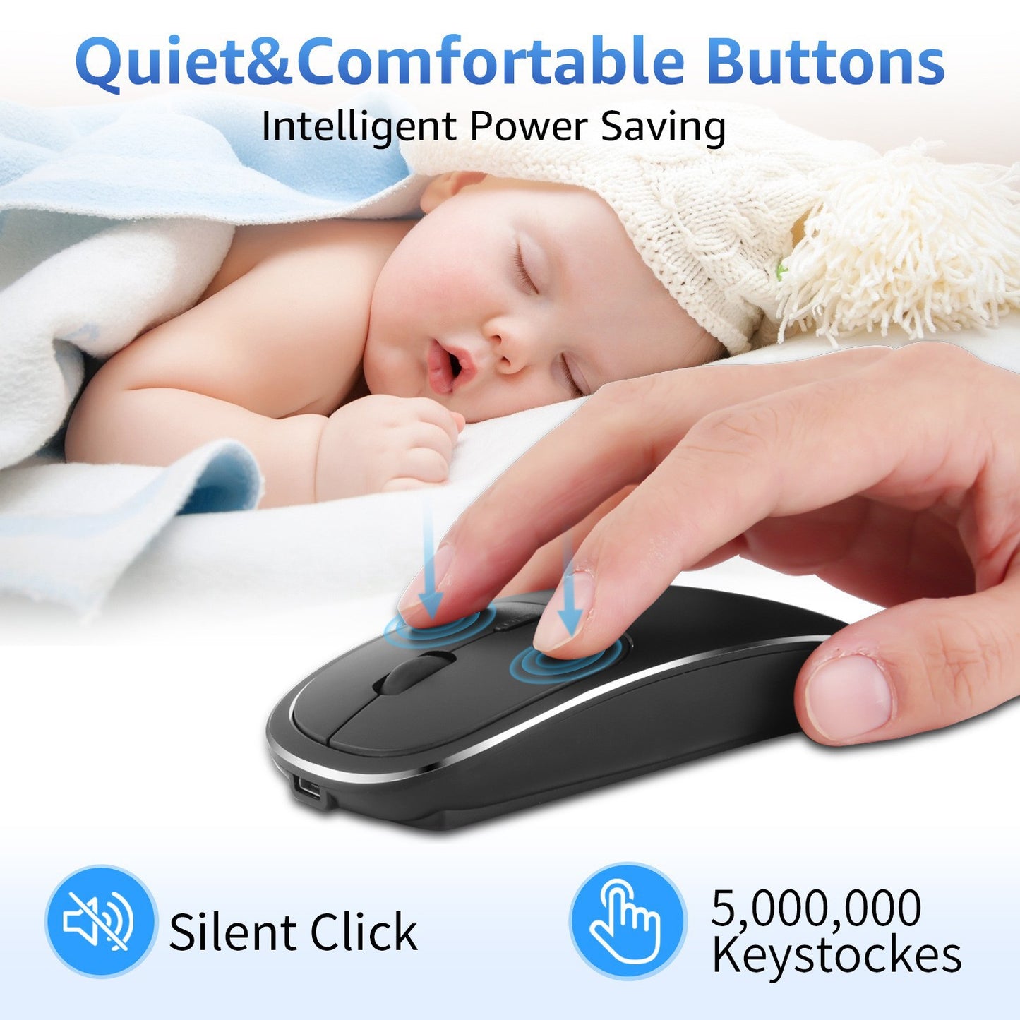 Silent Wireless Mouse with USB Receiver, Rechargeable Metal Optical Mouse, Noiseless Click Laptop PC Mouse