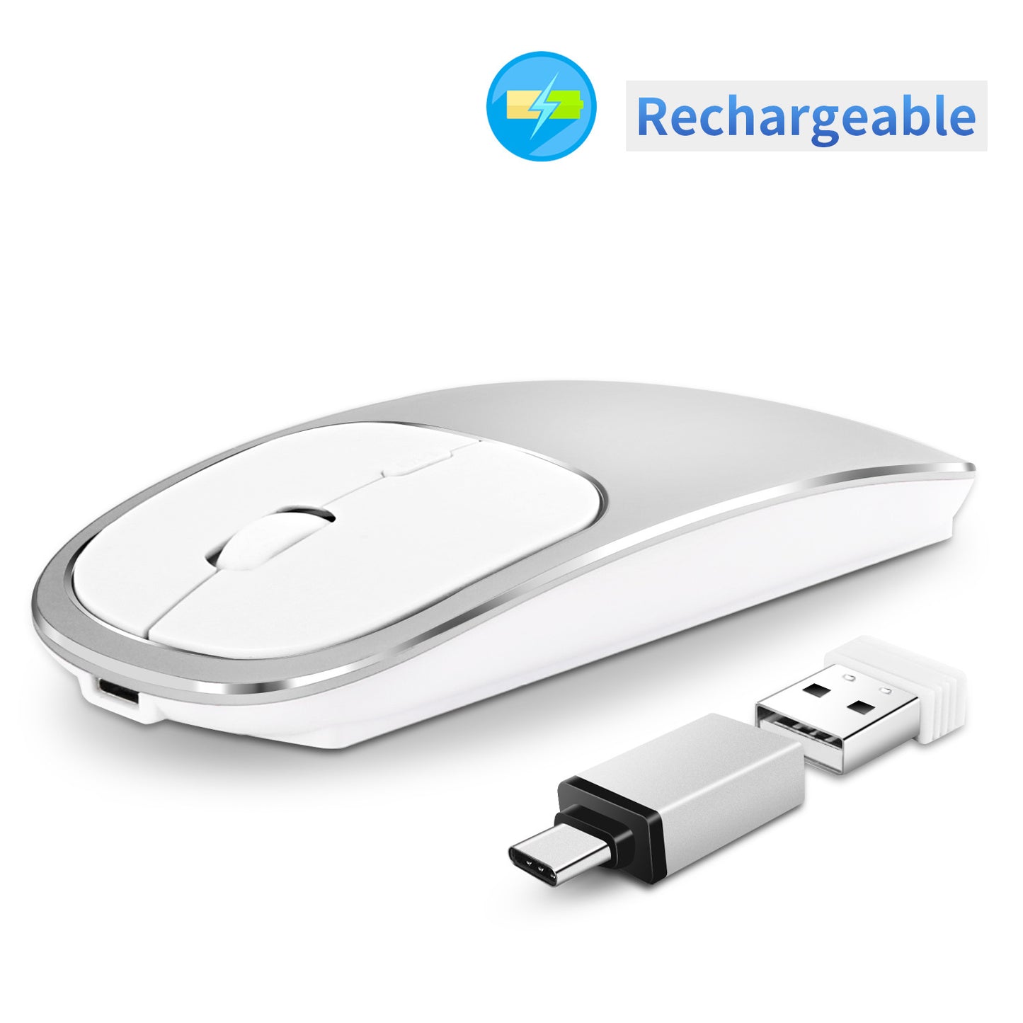Silent Wireless Mouse with USB Receiver, Rechargeable Metal Optical Mouse, Noiseless Click Laptop PC Mouse