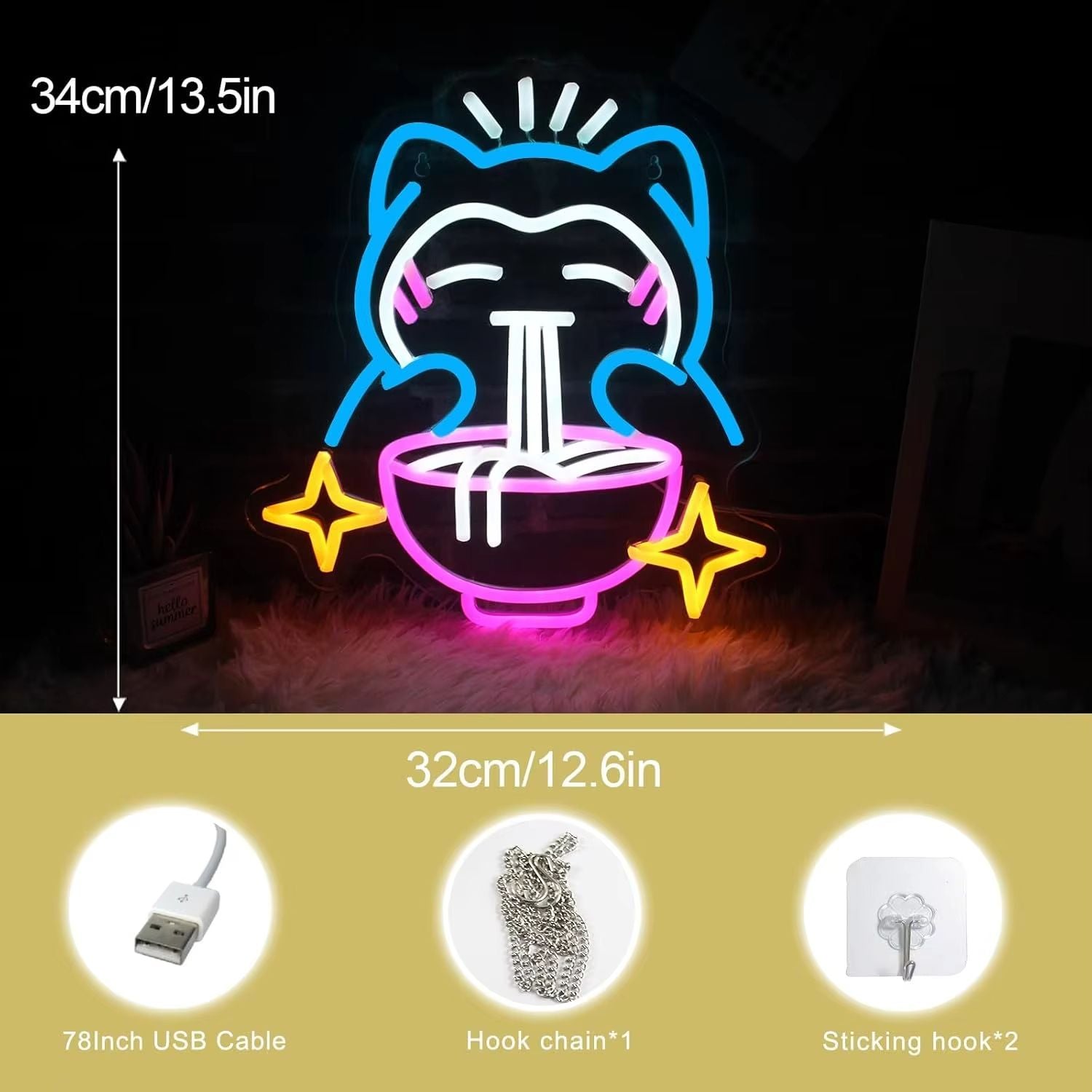 Cute Pokemon Bear Ramen Neon Sign  Blue Dimmable LED Light For Home Bar  Japanese Noodle Shop Decor 2