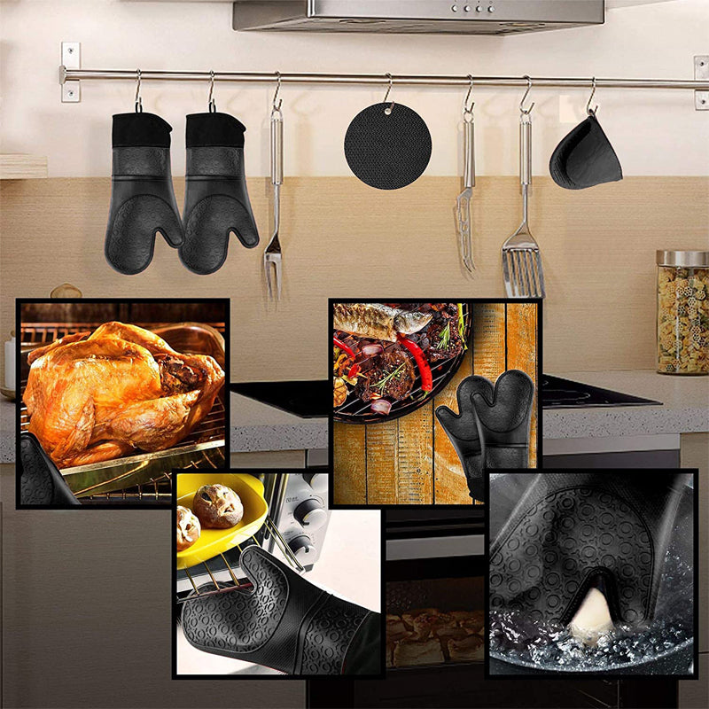 6Pcs Extra Long Heat Resistant Silicone Cooking Gloves Oven Mitts And Pot Holders Sets For Baking B 1