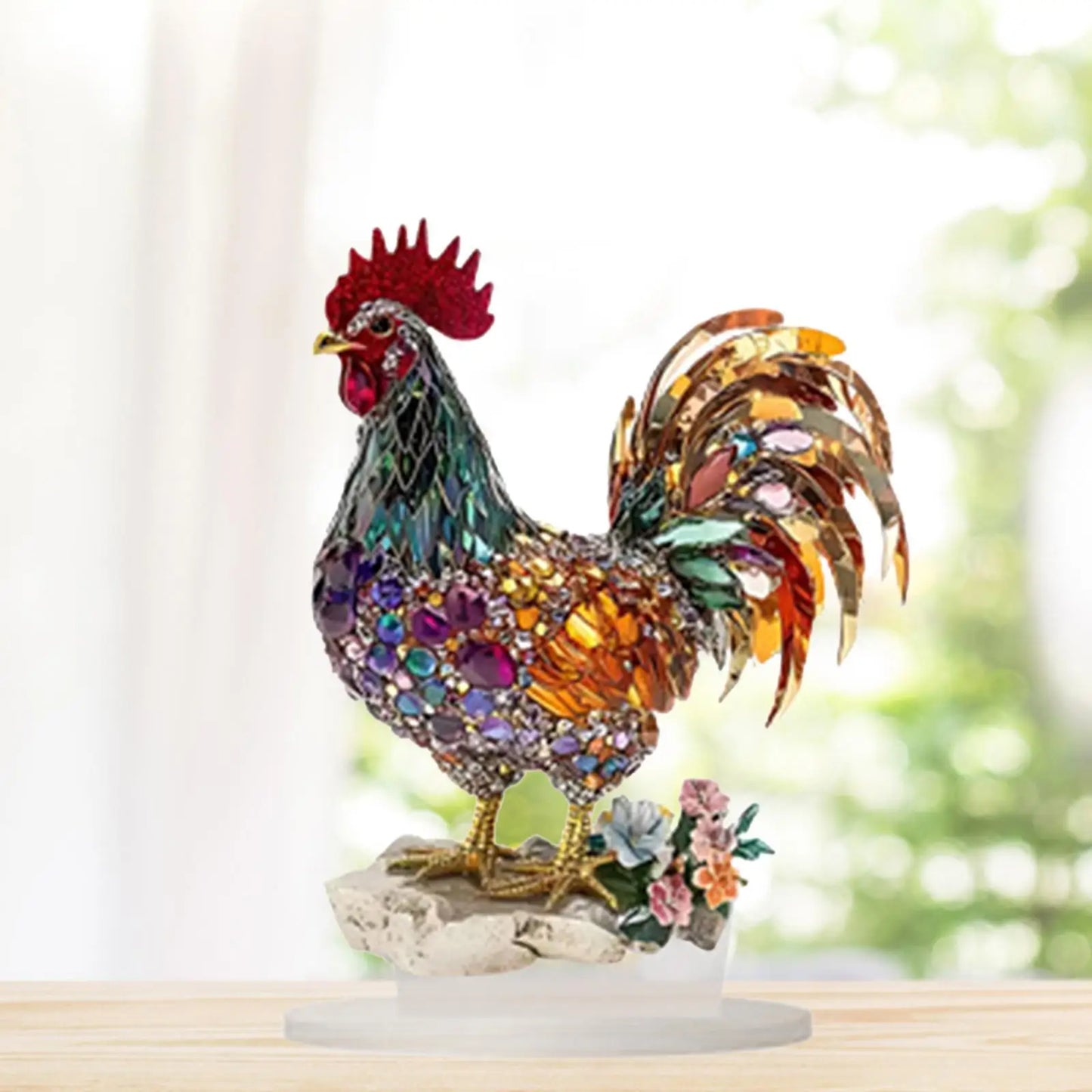 Creative Colorful Beautiful Rooster Ornament 2D Flat Acrylic Mascot Statue for Home Bookshelf, Office Desk & Friend Gift