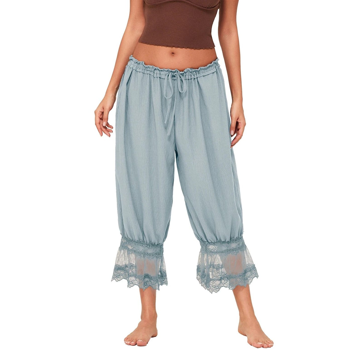Womens High Waist Cropped Bloomers With Lace Detail And Drawstring Fit 5