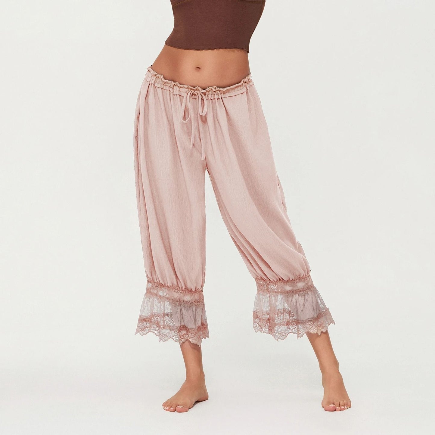Womens High Waist Cropped Bloomers With Lace Detail And Drawstring Fit 6