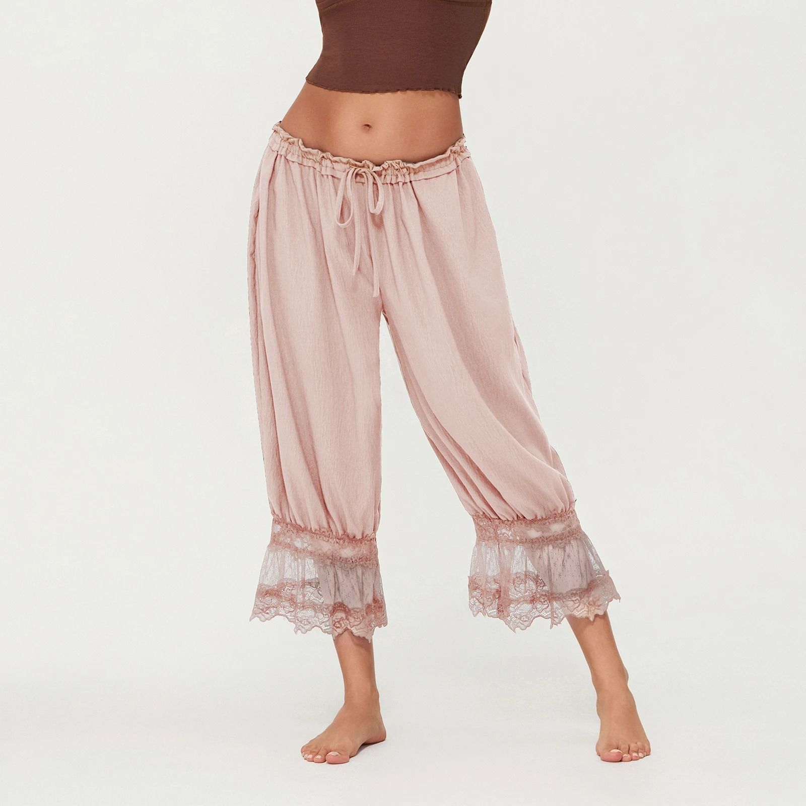 Womens High Waist Cropped Bloomers With Lace Detail And Drawstring Fit 6