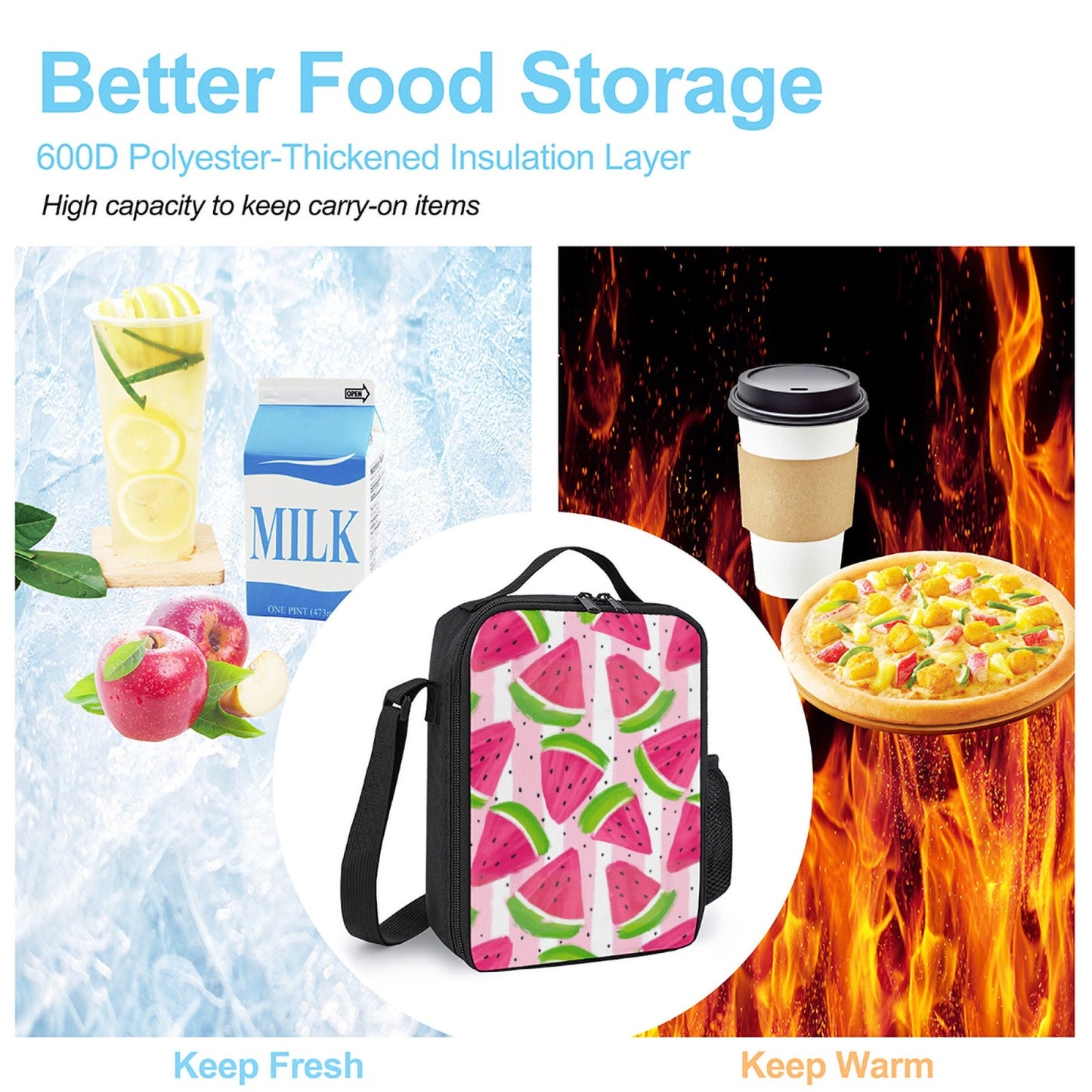 Fresh Watermelon Insulated Lunch Bag, Durable Oxford Cloth, for School, Summer Picnic, Outdoor Office Camping