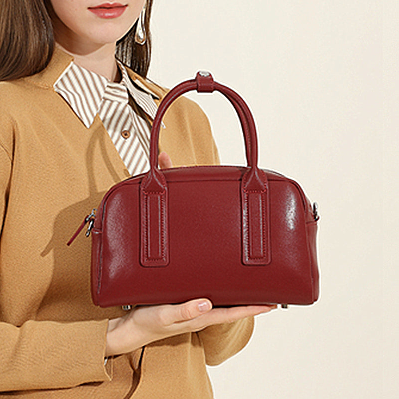 Hifashion Boston Cow Leather Handbags for Women, Vintage Designer, Work Shoulder Crossbody Bowling Bag