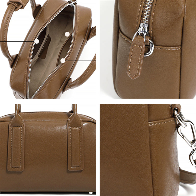 Hifashion Boston Cow Leather Handbags for Women, Vintage Designer, Work Shoulder Crossbody Bowling Bag