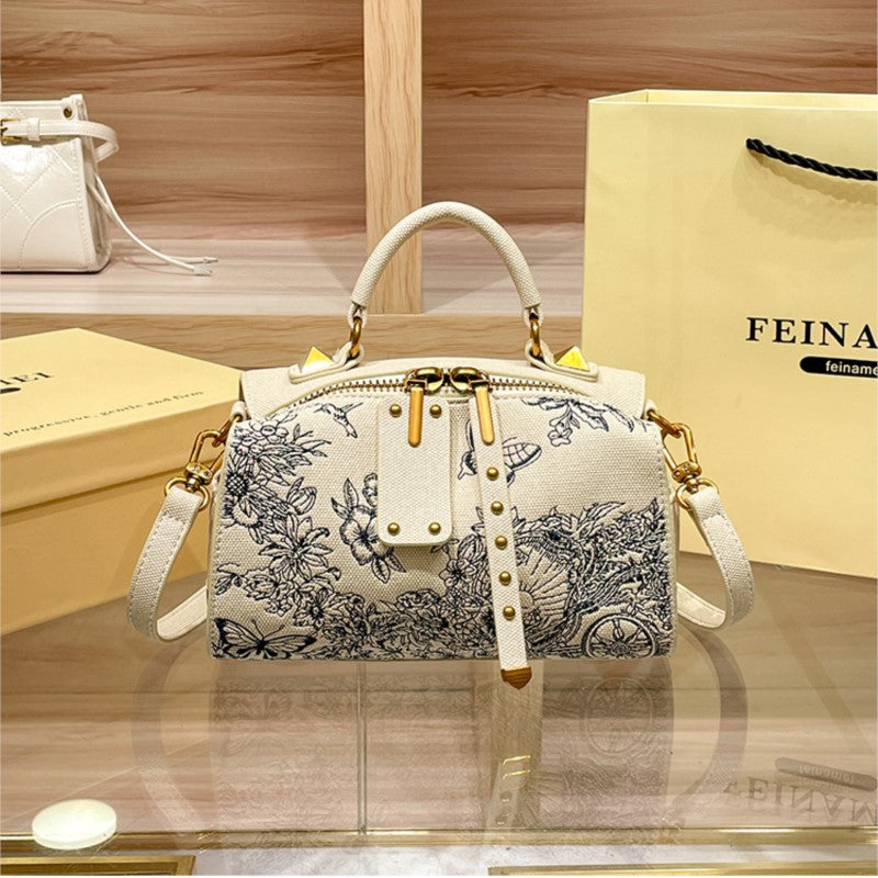 Light Luxury Embroidered Boston Pillow Bag, Women's Fashion Designer Handbag, High-End Texture Crossbody Purse