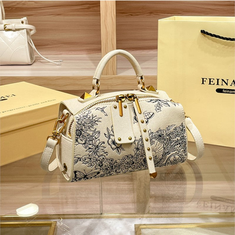 Light Luxury Embroidered Boston Pillow Bag, Women's Fashion Designer Handbag, High-End Texture Crossbody Purse