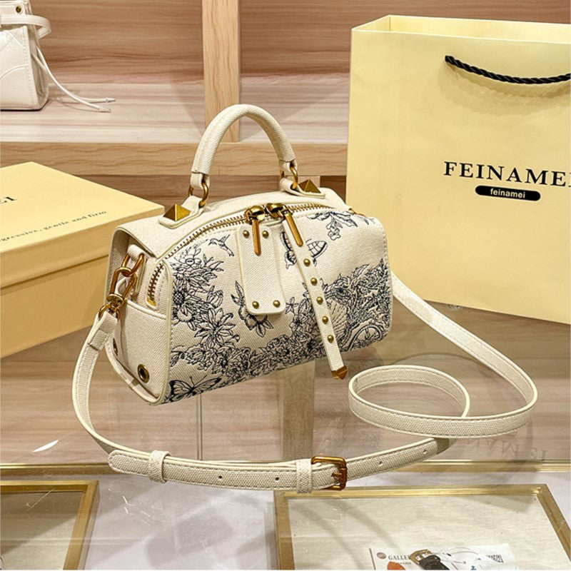 Light Luxury Embroidered Boston Pillow Bag, Women's Fashion Designer Handbag, High-End Texture Crossbody Purse