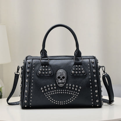 Boston Bag Dark Punk Style Handbag, Rivet Trend Shoulder Messenger Bag, Large Capacity Black Purse for Women