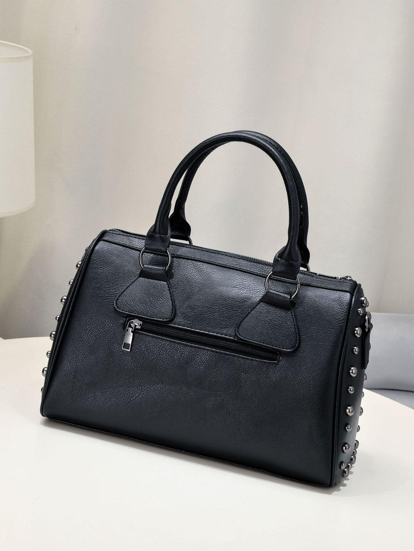 Boston Bag Dark Punk Style Handbag, Rivet Trend Shoulder Messenger Bag, Large Capacity Black Purse for Women