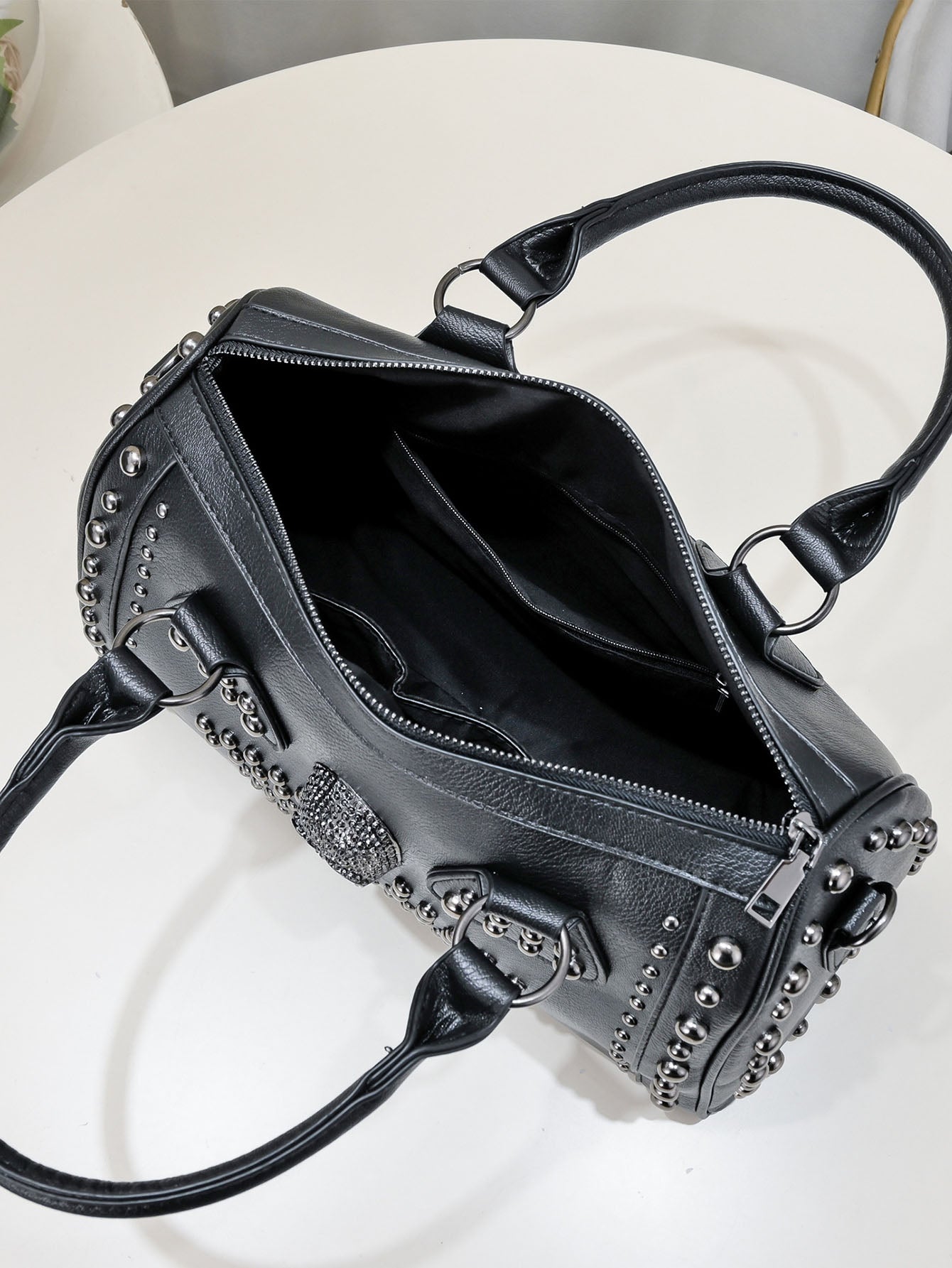 Boston Bag Dark Punk Style Handbag, Rivet Trend Shoulder Messenger Bag, Large Capacity Black Purse for Women