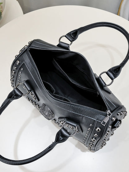 Boston Bag Dark Punk Style Handbag, Rivet Trend Shoulder Messenger Bag, Large Capacity Black Purse for Women
