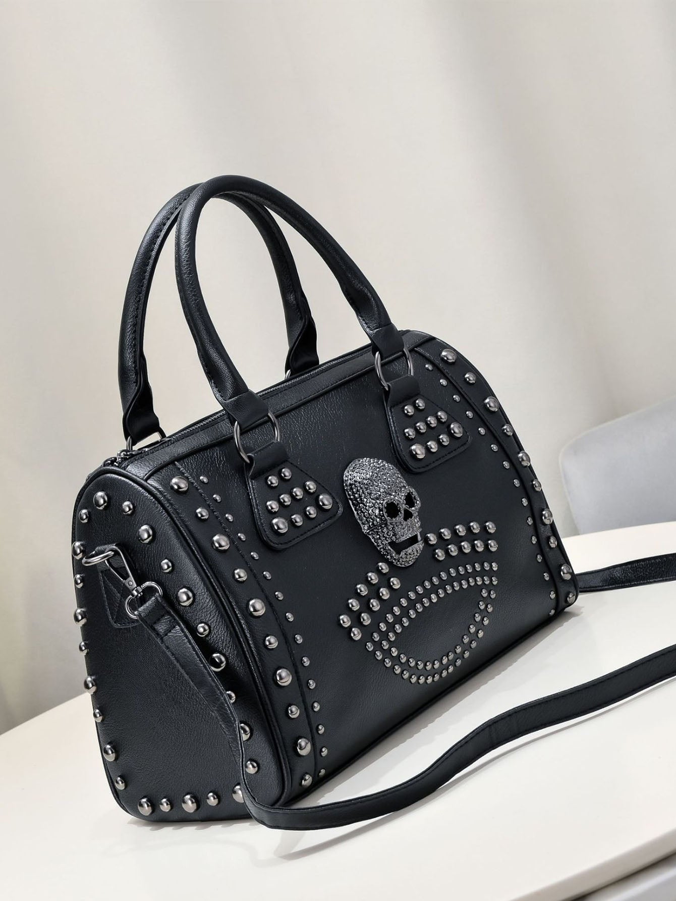 Boston Bag Dark Punk Style Handbag, Rivet Trend Shoulder Messenger Bag, Large Capacity Black Purse for Women