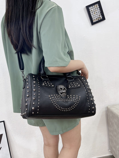 Boston Bag Dark Punk Style Handbag, Rivet Trend Shoulder Messenger Bag, Large Capacity Black Purse for Women