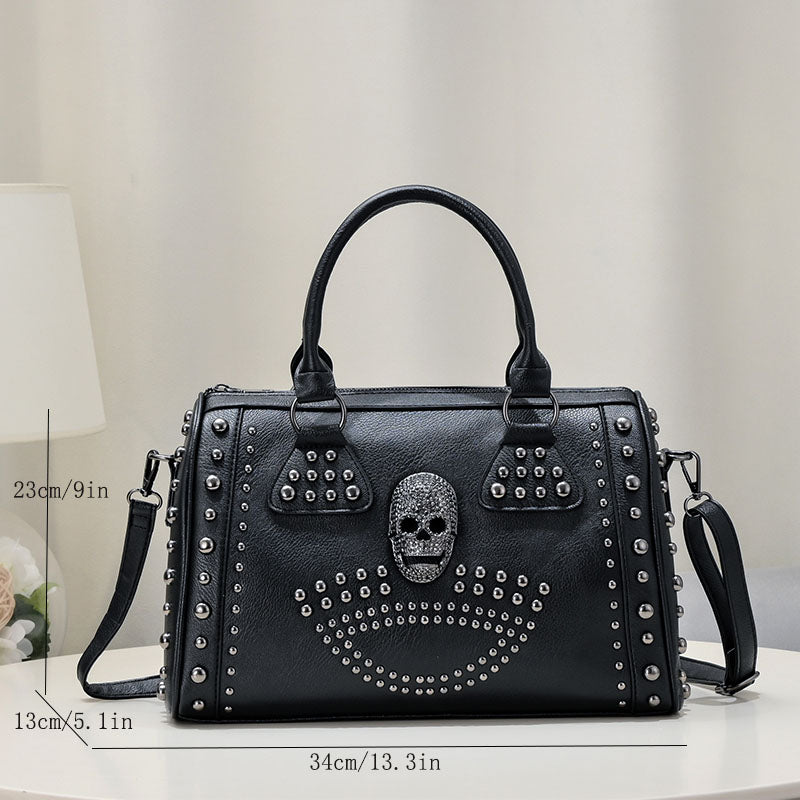 Boston Bag Dark Punk Style Handbag, Rivet Trend Shoulder Messenger Bag, Large Capacity Black Purse for Women