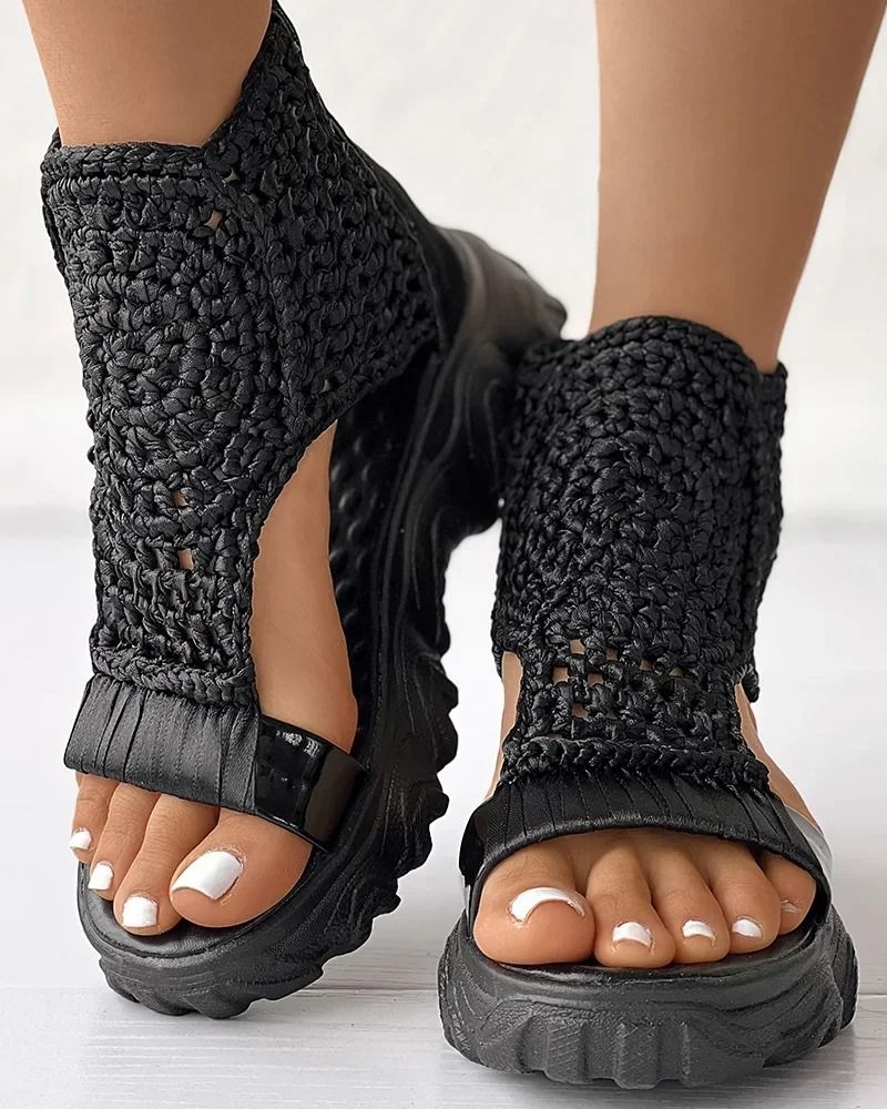 Womens Gold Knitted Summer Sandals With Braided Elastic Design And Flat Mesh Sole 2