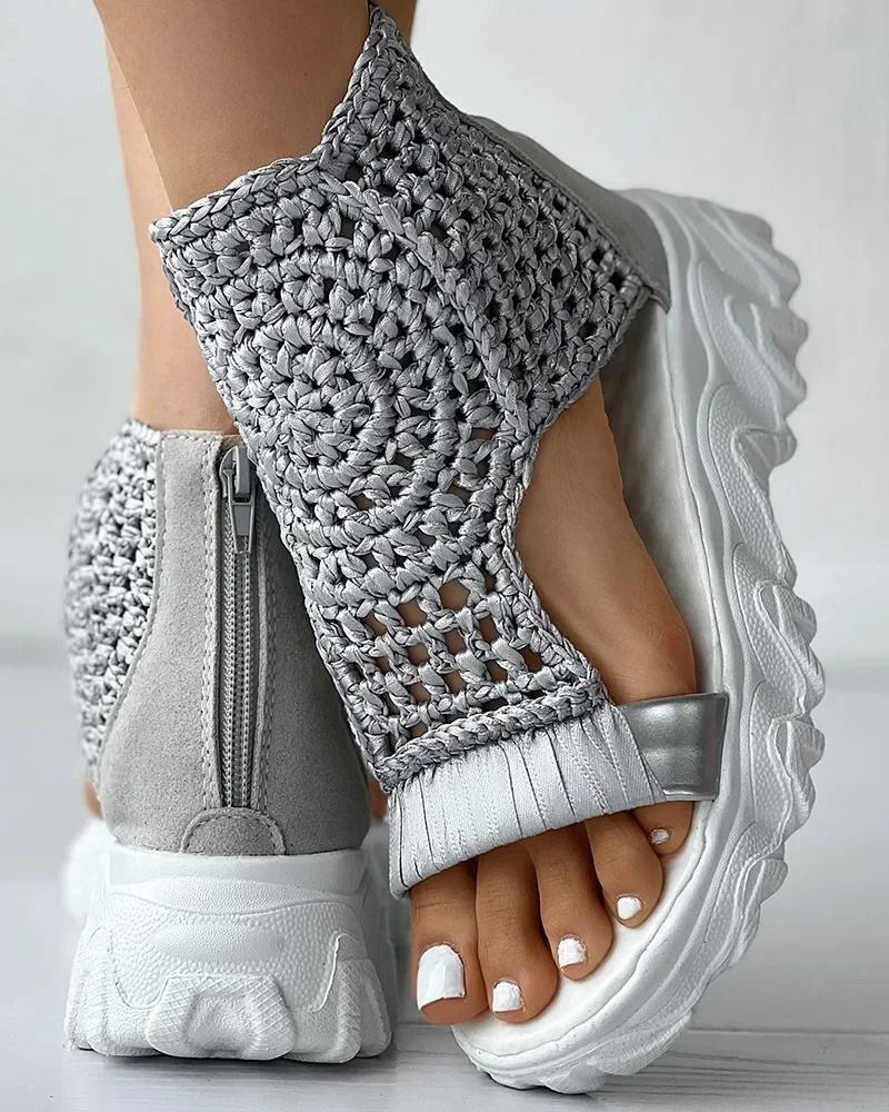 Womens Gold Knitted Summer Sandals With Braided Elastic Design And Flat Mesh Sole 3