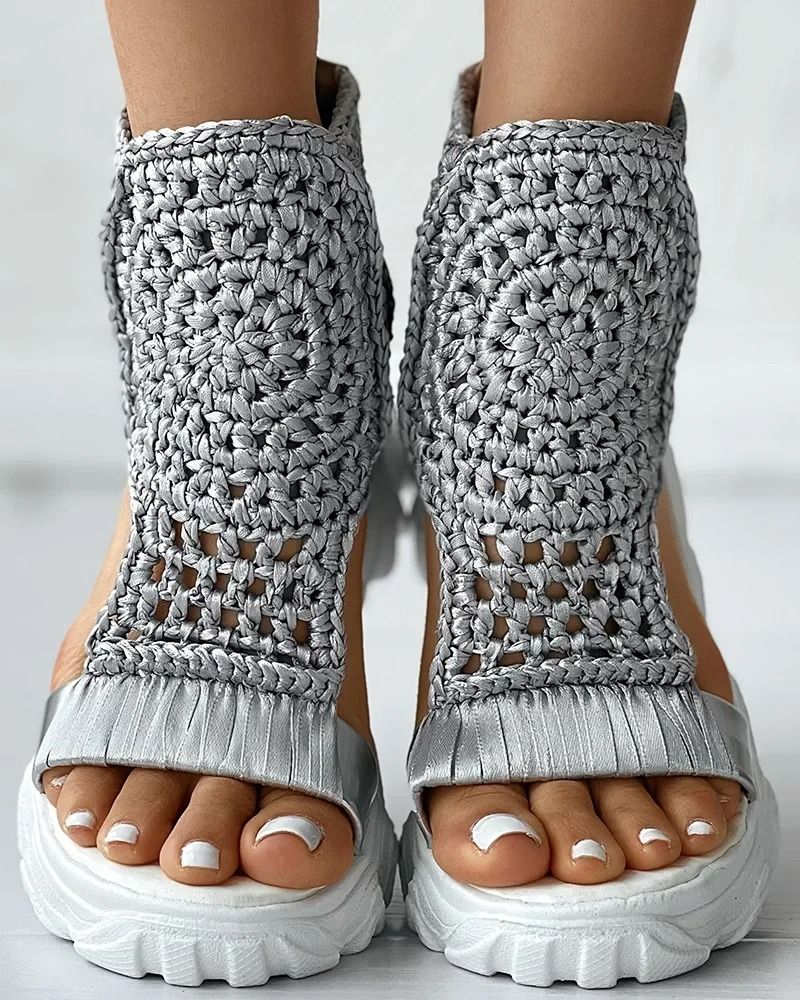Womens Gold Knitted Summer Sandals With Braided Elastic Design And Flat Mesh Sole 4