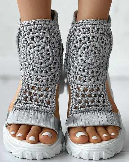 Womens Gold Knitted Summer Sandals With Braided Elastic Design And Flat Mesh Sole 4