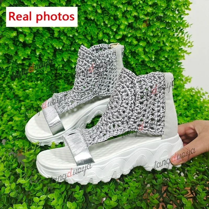 Womens Gold Knitted Summer Sandals With Braided Elastic Design And Flat Mesh Sole 5
