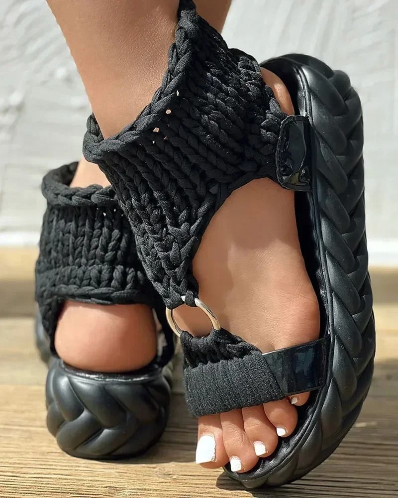 Womens Gold Knitted Summer Sandals With Braided Elastic Design And Flat Mesh Sole 9