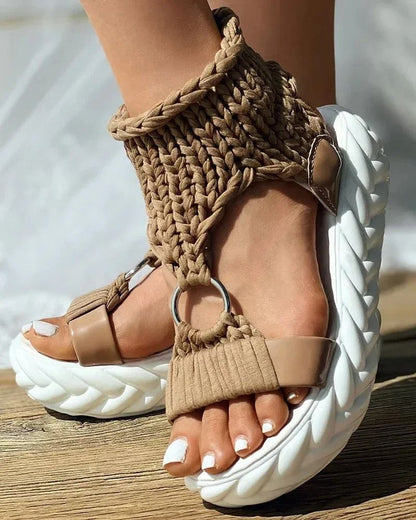 Womens Gold Knitted Summer Sandals With Braided Elastic Design And Flat Mesh Sole 8