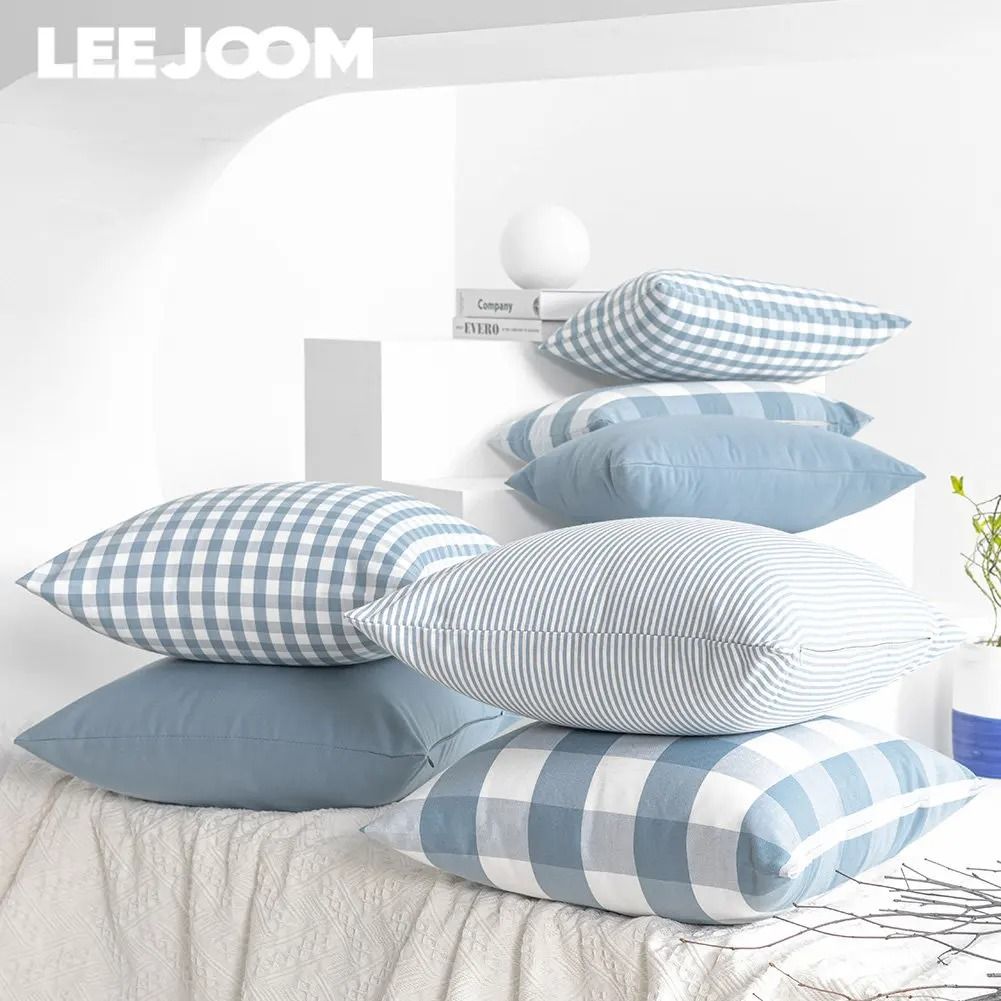 Light Blue Decorative Plaid Pillow Covers for Sofa or Bed