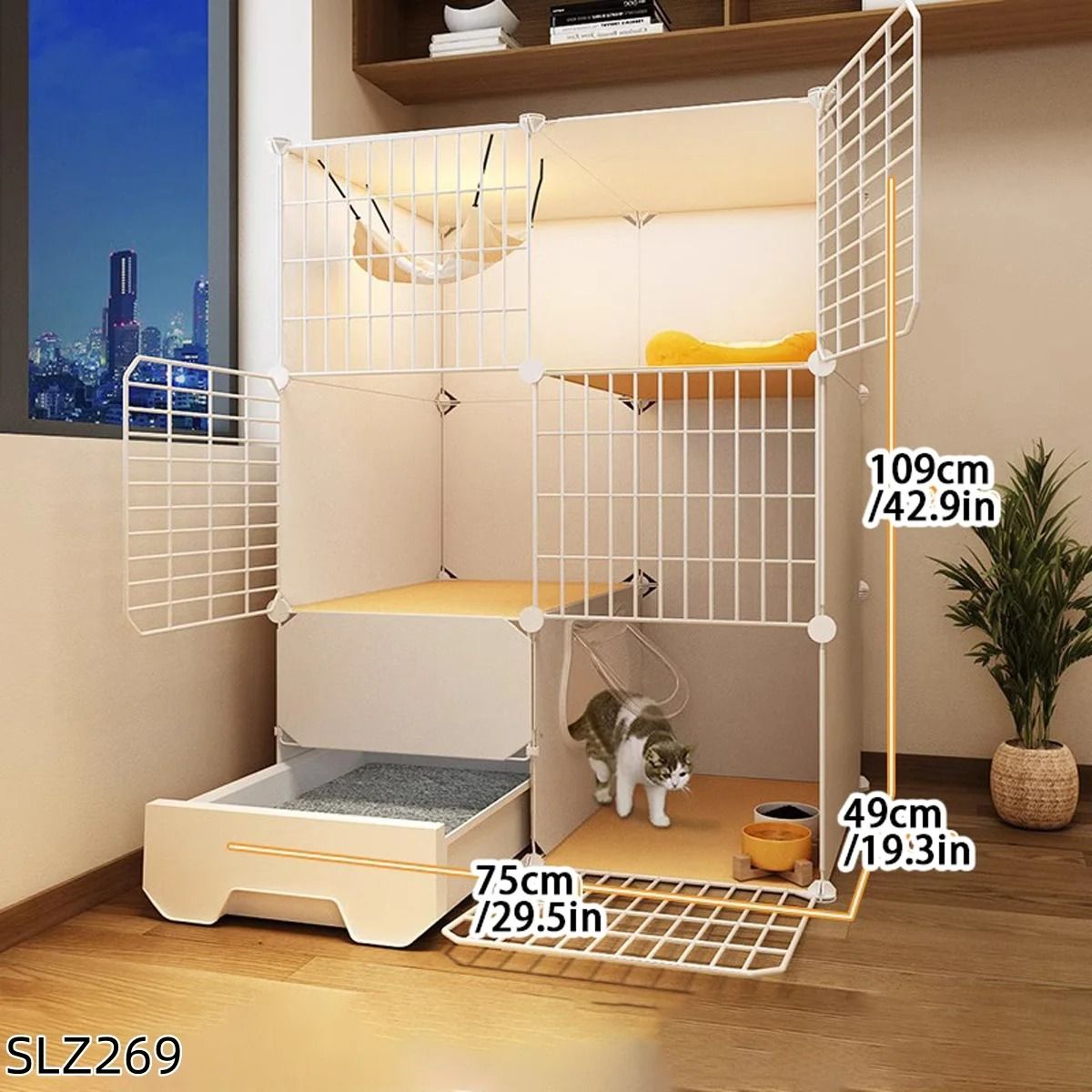 Three Story Indoor Cat House With Built In Litter Box And Spacious Multi Level Design 4