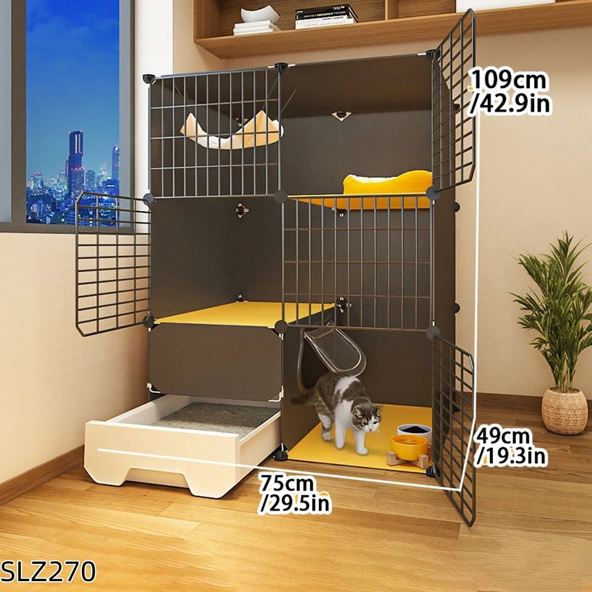 Three Story Indoor Cat House With Built In Litter Box And Spacious Multi Level Design 5