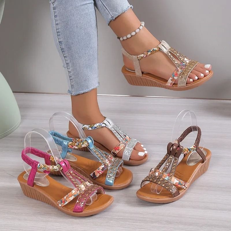 Womens Rhinestone Wedge Sandals with Platform Sole