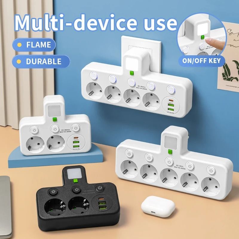 5 Socket EU Plug Wall Outlet with Optional USB C Ports
