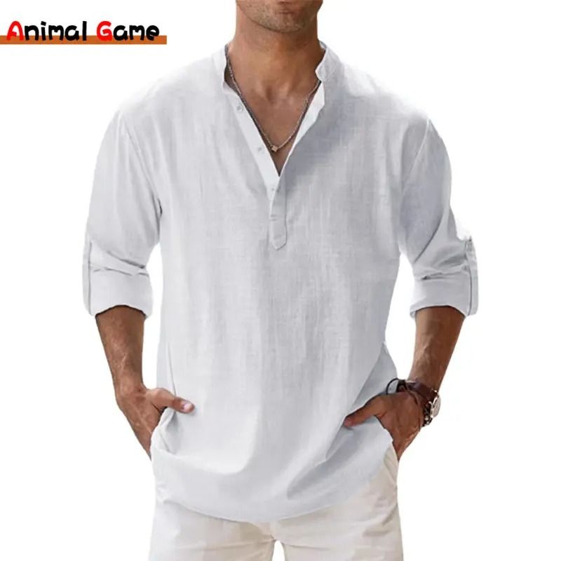 Lightweight Cotton Linen Long Sleeve Shirt for Men