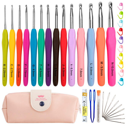 Premium Aluminum Crochet Hooks Kit with Storage Bag, Soft Ergonomic Handle Yarn Weaving Needles Set for Sewing, Knitting